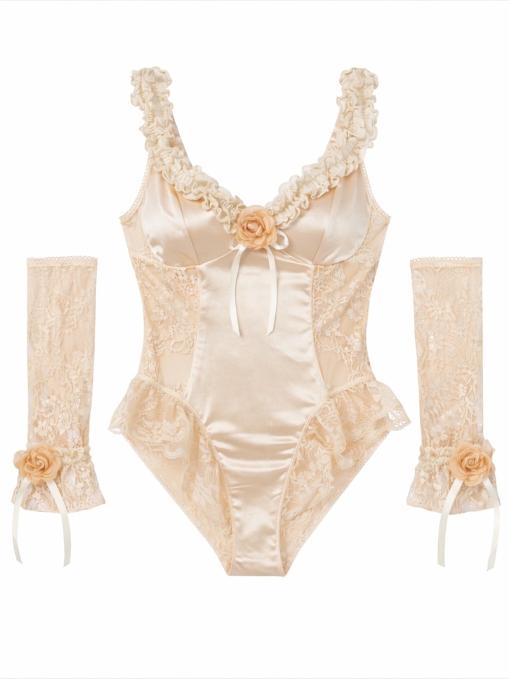 Dolls Kill Cream Satin & Lace Teddy with Rosette Details